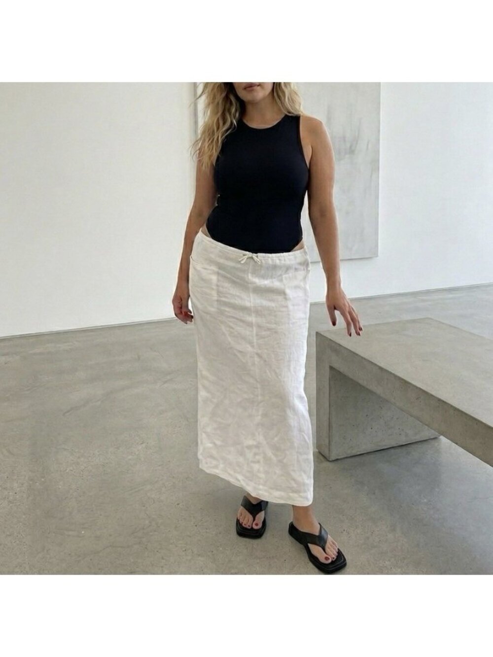 Y2K DKNY Pure Linen Midi Maxi Low Rise Skirt Minimalist Resort Boho Capsule VTG